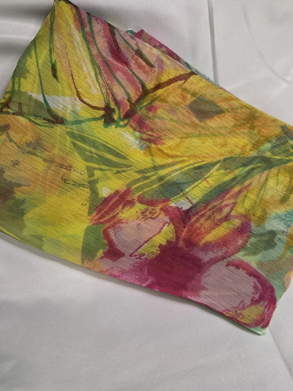 S121. Vintage Floral Multicolor Lightweight Scarf in Yellow, Pink & Green